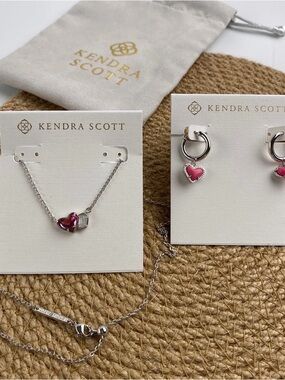 Kendra Scott Silver Necklace and Pink Heart Hoop Earrings Set
